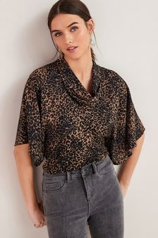 Brown Animal Print Cowl Neck Short Sleeve Top (A74642) | $42