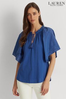Niebieski - Bluzka bawełniana Lauren Ralph Lauren Janiyah z dekoltem w szpic (A74661) | 175 zł