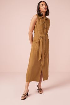 Chestnut Brown Sleeveless Midi Utility Shirt Dress (A74843) | ₪ 140