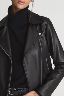 Reiss Black Geo Leather Biker Jacket (A75218) | €428