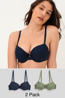 Navy Blue/Khaki Green Pad Balcony Embroidered Bras 2 Pack (A75979) | €13
