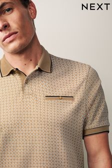 Neutral Brown Geo Short Sleeve Print Polo Shirt (A76030) | 144 SAR