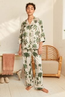 Cream Palm Print Woven Button Through Pyjamas (A76038) | R701