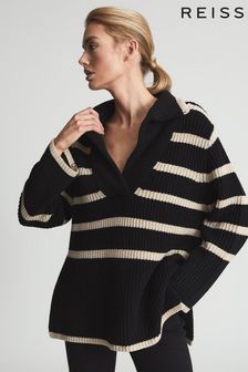 Reiss Black Harper Striped Knitted V Neck Jumper (A76247) | 266 €
