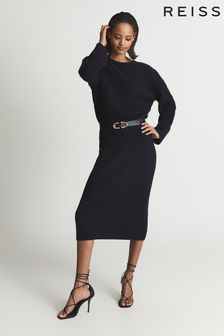 Reiss Navy Jodie Petite Knitted Cashmere Blend Midi Dress (A76334) | €107