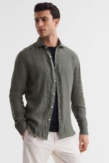 Reiss Olive Ruban Linen Button-Through Shirt (A76400) | $156