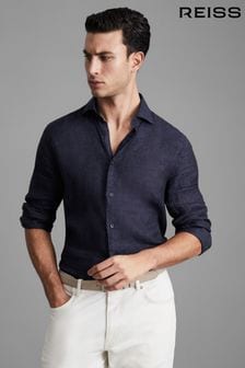 Темно-синий - Льняная рубашка на пуговицах Reiss Ruban (A76402) | €149