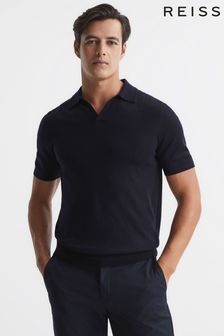 Reiss Navy Duchie Merino Wool Open Collar Polo Shirt (A76460) | TRY 2.030