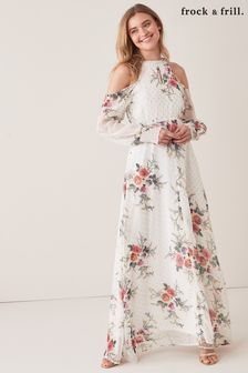 Vestido largo blanco con hombros descubiertos y estampado floral de Frock And Frill (A76553) | 117 €