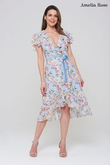 Amelia Rose Blue Floral Wrap Front Dress (A76555) | $157