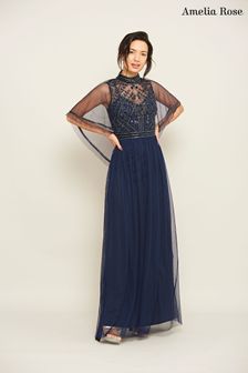 שמלת מקסי מקושטת בצבע כחול של Amelia Rose (A77151) | ‏722 ₪