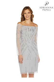 Adrianna Papell Silver Off Shoulder Beaded Dress (A77379) | CHF 358