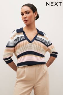 Svetleč pleten polo pulover s kratkimi rokavi in črtami (A77414) | €16