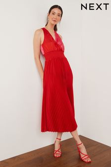 Red/Pink Satin Wrap Front Pleated Midi Dress (A77475) | €27