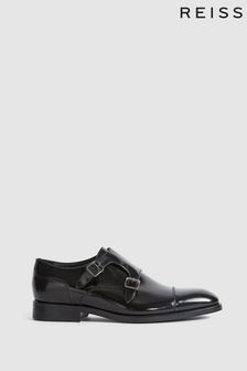 Reiss Black Rivington High Shine Leather Monk Strap Shoes (A77977) | SGD 620