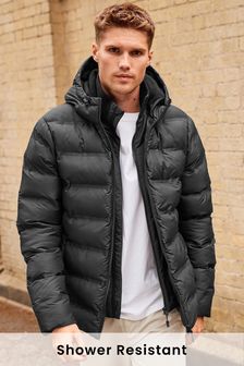 Black Shower Resistant Hooded Heatseal Padded Jacket (A78022) | AED266