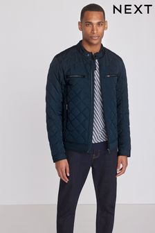 Navy Blue Shower Resistant Diamond Quilt Racer Neck Jacket (A78339) | TRY 1.680