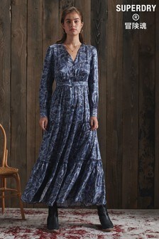 Superdry Blue Dry Limited Edition Printed Silk Dress