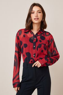 Red Floral Longline Sheer Shirt (A78694) | 11 BD