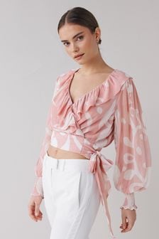 Pink/Cream Abstract Floral Wrap Long Sleeve Ruffle Top (A78698) | €12