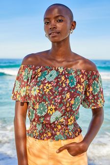 Brown Ditsy Floral Bardot Short Sleeve Top (A78812) | €7