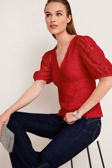 Red Short Sleeve Lace V-Neck T-Shirt (A78910) | ₪ 131