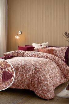 Rust Orange Floral Tassel 100% Cotton Printed Duvet Cover and Pillowcase Set (A78961) | $27 - $71