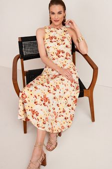 Ecru Floral Print Sleeveless Midi Dress (A79063) | ₪ 140
