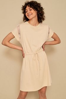 Ecru Cream Short Sleeve Crochet Insert Mini Dress (A79078) | ₪ 102