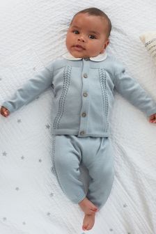 Blue Delicate Cable Fine Knit Baby Cardigan With Collar And Leggings Set (0mths-2yrs) (A79812) | $38 - $41