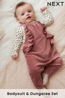 Dark Pink Velour 2 Piece Baby Dungarees And Bodysuit Set (0mths-2yrs) (A81369) | €11.50 - €12