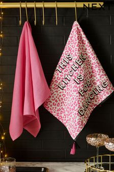 Set of 2 Pink Leopard Print Slogan Tea Towels