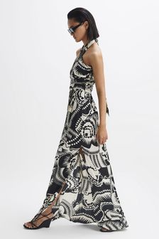 Reiss Black/White Hallie Printed Halter Neck Maxi Dress (A82473) | OMR216
