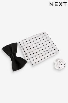 נקודות שחור/לבן - סט עניבת פרפר, מטפחת כיס וסיכת דש (A83351) | ‏51 ₪