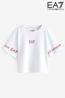 Emporio Armani EA7 Girls White Crop Shiny Logo T-Shirt (A84231) | €43