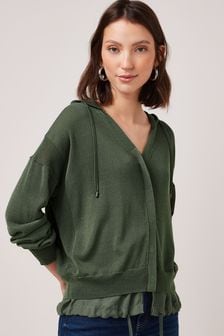 Khaki Green Woven Hem Hooded Cardigan (A84500) | €44