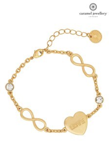 Zlata zapestnica s srčkom z napisom Love in znakom neskončnosti Caramel Jewellery London (A84544) | €15