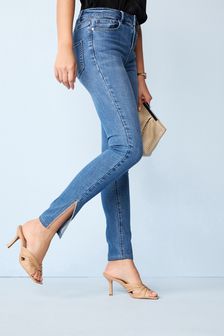 Bleu moyen à ourlet fendu orné - Legging en jean super stretch (A84713) | CA$ 83