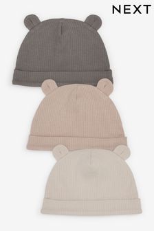 Neutral/Grey Rib - 3 Pack Baby Bear Ear Beanie Hats (0-18mths) (A85063) | BGN22