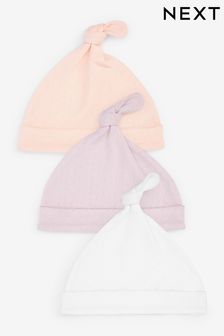 White/Pink/Lilac Purple Pointelle Baby 3 Pack Tie Top Hats (0-18mths) (A85194) | €9