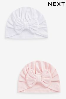  (A85197) | €10 Pink/White Big Bow - Set van 2 babytulbandmutsen (0 mnd-2 jr)
