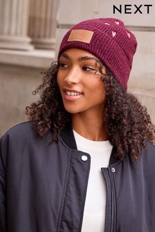 Berry/ Pink Heart Embroidered Tab Detail Beanie Hat (A85889) | €6