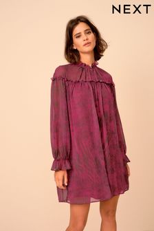 Pink Print Long Sleeve Chiffon Mini Dress (A86228) | 66 €