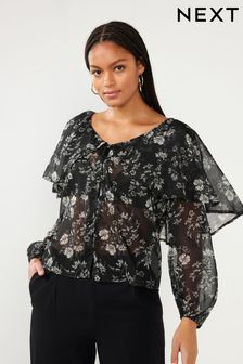 Black Ditsy Cape Long Sleeve Blouse (A86241) | AED64