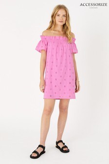שמלה עם כתפיים חשופות מכותנה אורגנית בצבע וורוד של Accessorize דגם Schiffli (A87225) | ‏163 ₪