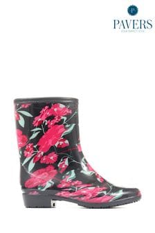 Pavers Ladies Black Floral Print Wellies Ankle Boots (A87892) | $37