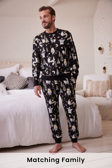 Black/White Matching Mens Family Woodland Pyjamas (A88492) | DKK265