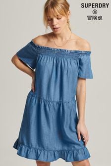 Superdry Blue Vintage Off The Shoulder Dress (A89809) | $55