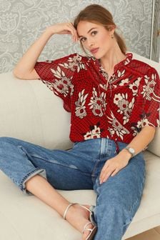 Celia Birtwell Blue Moon Red Lace Trim Flutter Sleeve Top (A89839) | 16 €