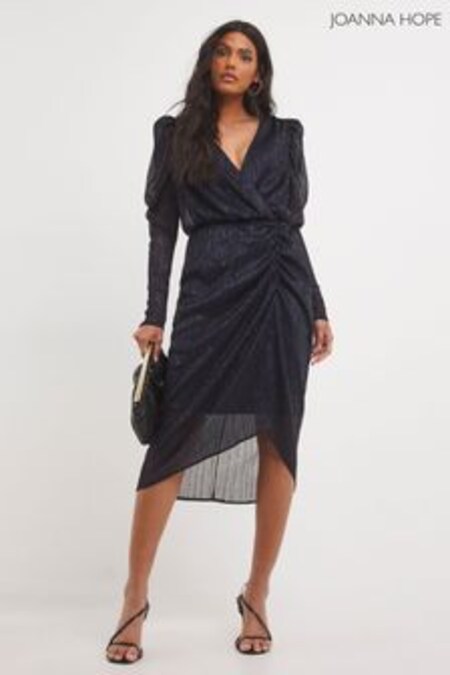Joanna Hope Navy Blue Plisse Wrap Dress (A90208) | $124